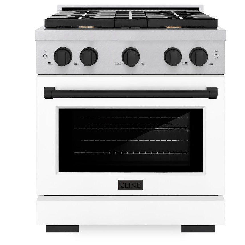 ZLINE Autograph Edition 30 in. 4.2 cu. ft. Paramount Gas Range with 4 Burners and Convection Gas Oven in Satin Stainless Steel with White Matte Door and Matte Black Accents (SGRSZ-WM-30-MB)