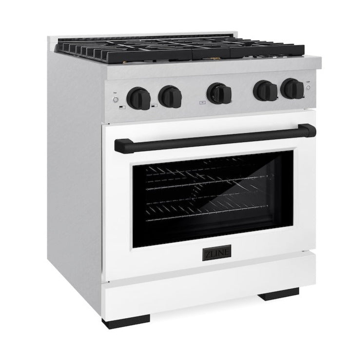 ZLINE Autograph Edition 30 in. 4.2 cu. ft. Paramount Gas Range with 4 Burners and Convection Gas Oven in Satin Stainless Steel with White Matte Door and Matte Black Accents (SGRSZ-WM-30-MB)