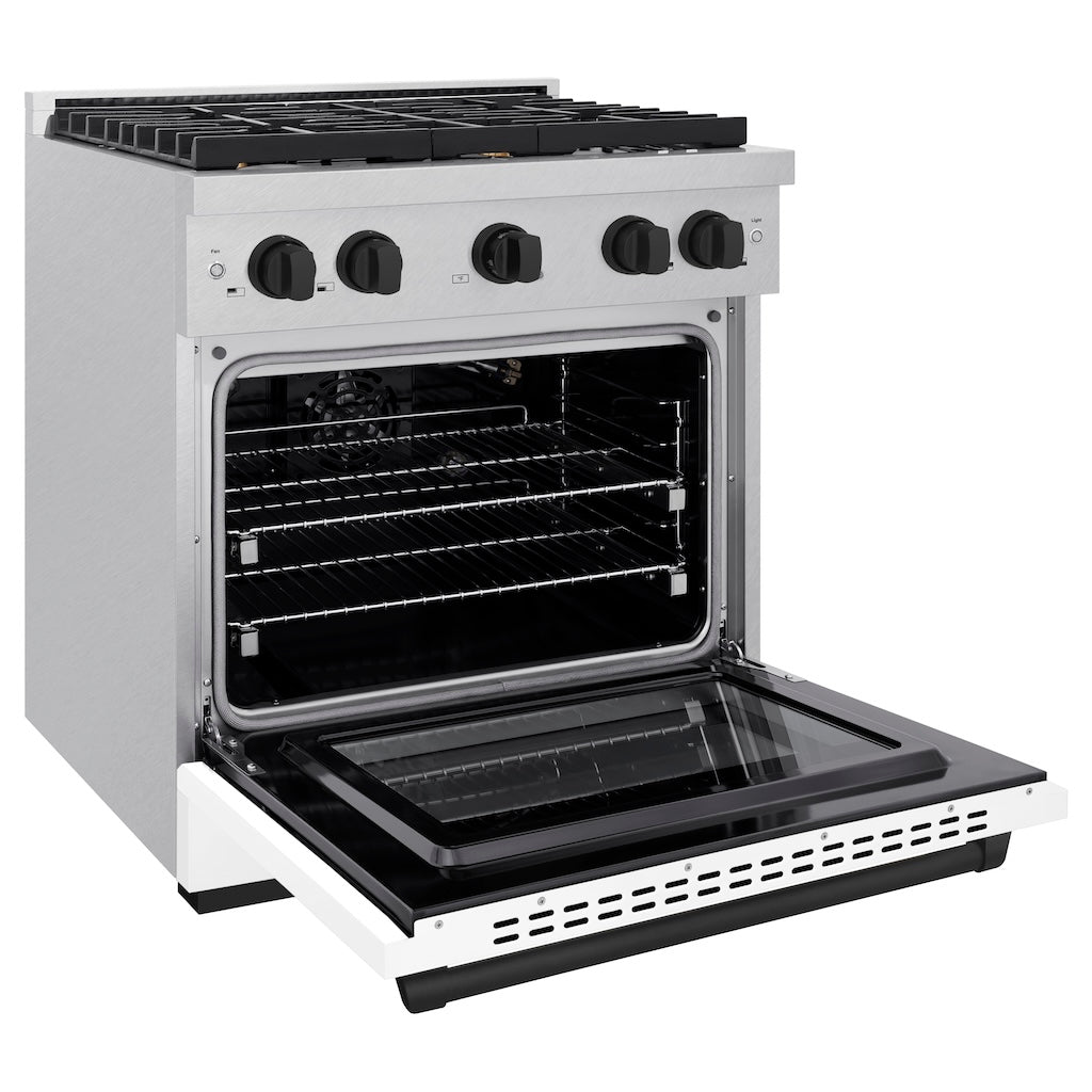 ZLINE Autograph Edition 30 in. 4.2 cu. ft. Paramount Gas Range with 4 Burners and Convection Gas Oven in Satin Stainless Steel with White Matte Door and Matte Black Accents (SGRSZ-WM-30-MB)