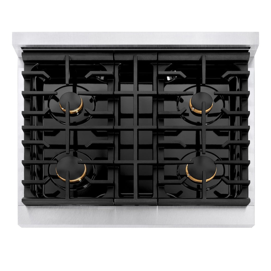 ZLINE Autograph Edition 30 in. 4.2 cu. ft. Paramount Gas Range with 4 Burners and Convection Gas Oven in Satin Stainless Steel with White Matte Door and Matte Black Accents (SGRSZ-WM-30-MB)