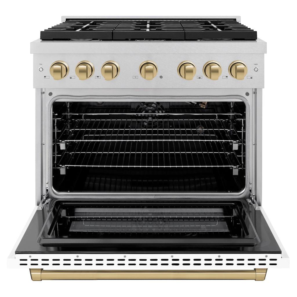 ZLINE Autograph Edition 36 in. 5.2 cu. ft. Paramount Gas Range with 6 Burners and Convection Oven in Satin Stainless Steel with White Matte Door and Champagne Bronze Accents (SGRSZ-WM-36-CB)