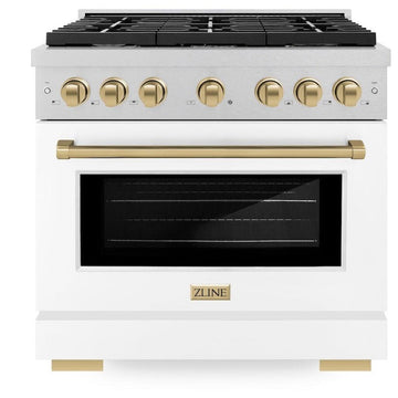 ZLINE Autograph Edition 36 in. 5.2 cu. ft. Paramount Gas Range with 6 Burners and Convection Oven in Satin Stainless Steel with White Matte Door and Champagne Bronze Accents (SGRSZ-WM-36-CB)