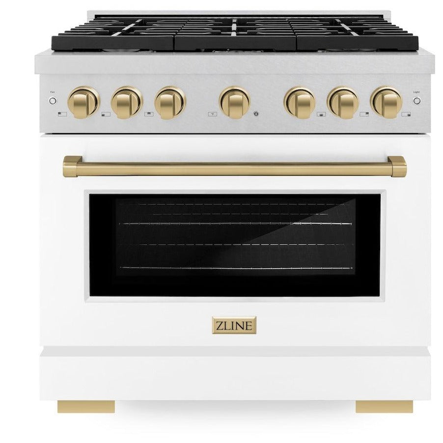 ZLINE Autograph Edition 36 in. 5.2 cu. ft. Paramount Gas Range with 6 Burners and Convection Oven in Satin Stainless Steel with White Matte Door and Champagne Bronze Accents (SGRSZ-WM-36-CB)
