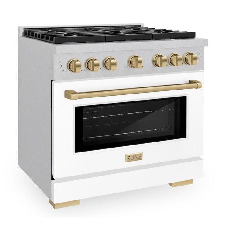 ZLINE Autograph Edition 36 in. 5.2 cu. ft. Paramount Gas Range with 6 Burners and Convection Oven in Satin Stainless Steel with White Matte Door and Champagne Bronze Accents (SGRSZ-WM-36-CB)