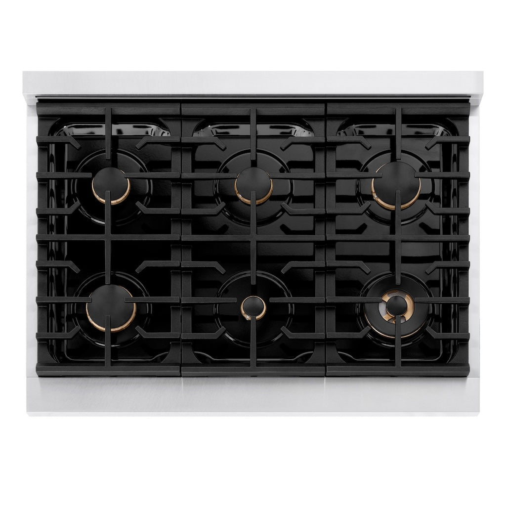 ZLINE Autograph Edition 36 in. 5.2 cu. ft. Paramount Gas Range with 6 Burners and Convection Oven in Satin Stainless Steel with White Matte Door and Champagne Bronze Accents (SGRSZ-WM-36-CB)