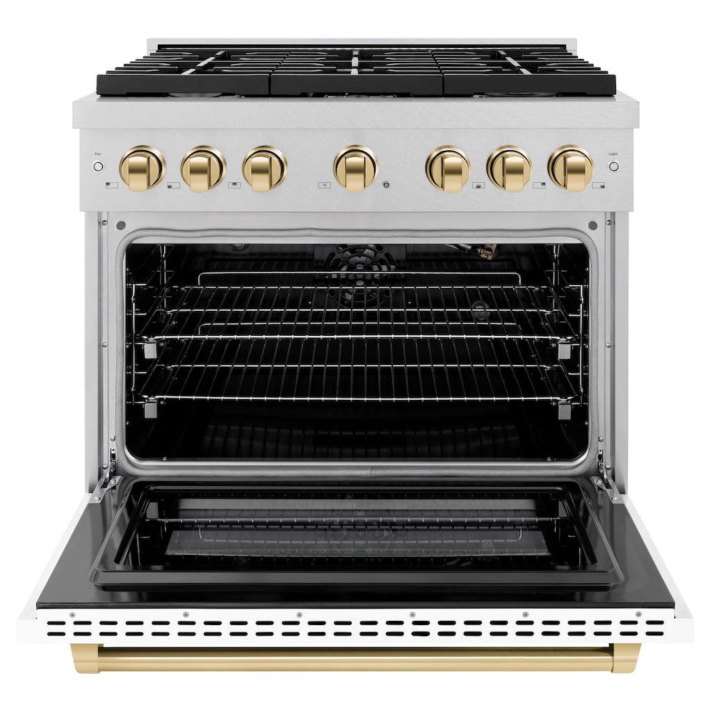 ZLINE Autograph Edition 36 in. 5.2 cu. ft. Paramount Gas Range with 6 Burners and Convection Gas Oven in Satin Stainless Steel with White Matte Door and Polished Gold Accents (SGRSZ-WM-36-G)