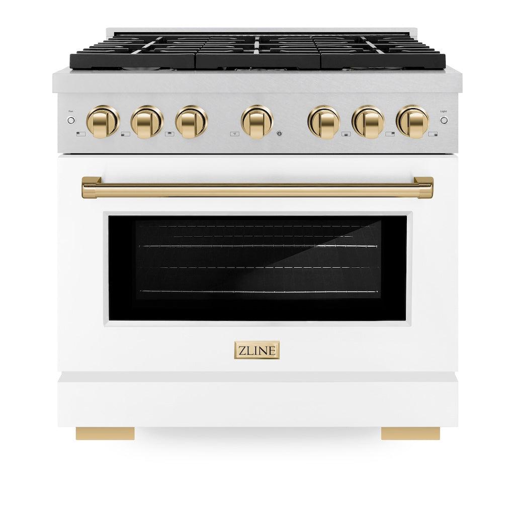 ZLINE Autograph Edition 36 in. 5.2 cu. ft. Paramount Gas Range with 6 Burners and Convection Gas Oven in Satin Stainless Steel with White Matte Door and Polished Gold Accents (SGRSZ-WM-36-G)
