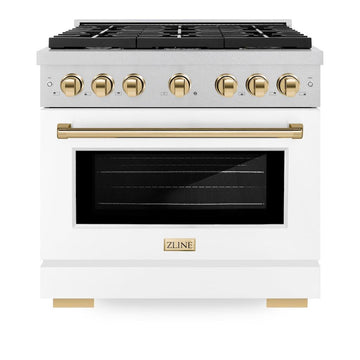 ZLINE Autograph Edition 36 in. 5.2 cu. ft. Paramount Gas Range with 6 Burners and Convection Gas Oven in Satin Stainless Steel with White Matte Door and Polished Gold Accents (SGRSZ-WM-36-G)