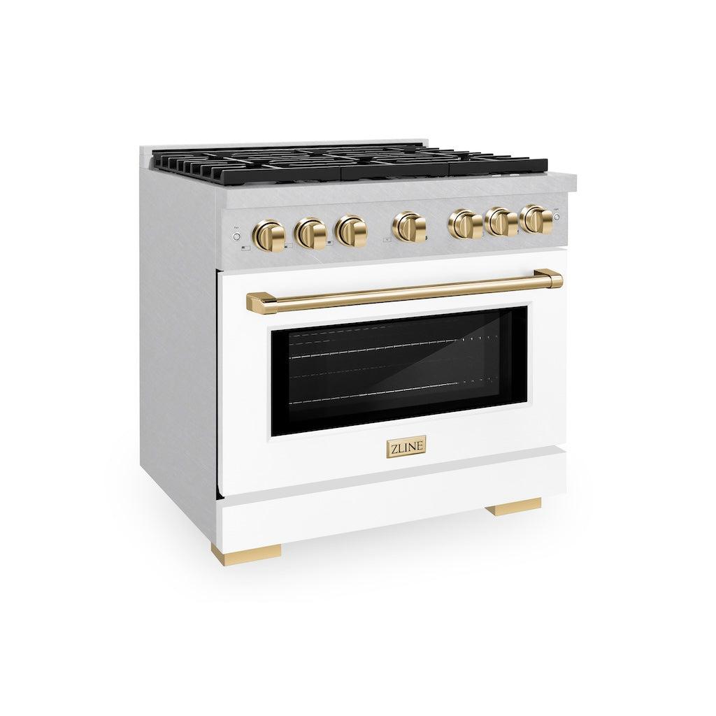 ZLINE Autograph Edition 36 in. 5.2 cu. ft. Paramount Gas Range with 6 Burners and Convection Gas Oven in Satin Stainless Steel with White Matte Door and Polished Gold Accents (SGRSZ-WM-36-G)