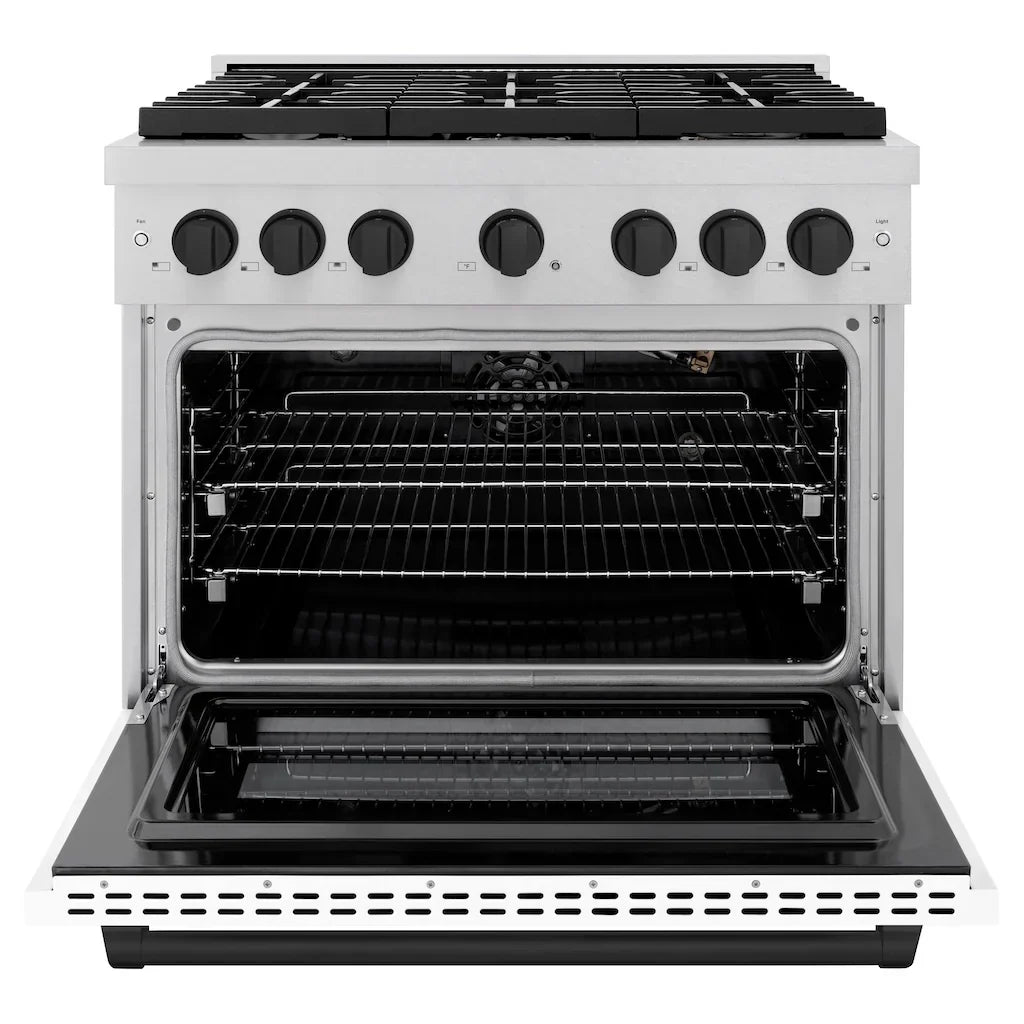 ZLINE Autograph Edition 36 in. 5.2 cu. ft. Paramount Gas Range with 6 Burners and Convection Gas Oven in Satin Stainless Steel with White Matte Door and Matte Black Accents (SGRSZ-WM-36-MB)