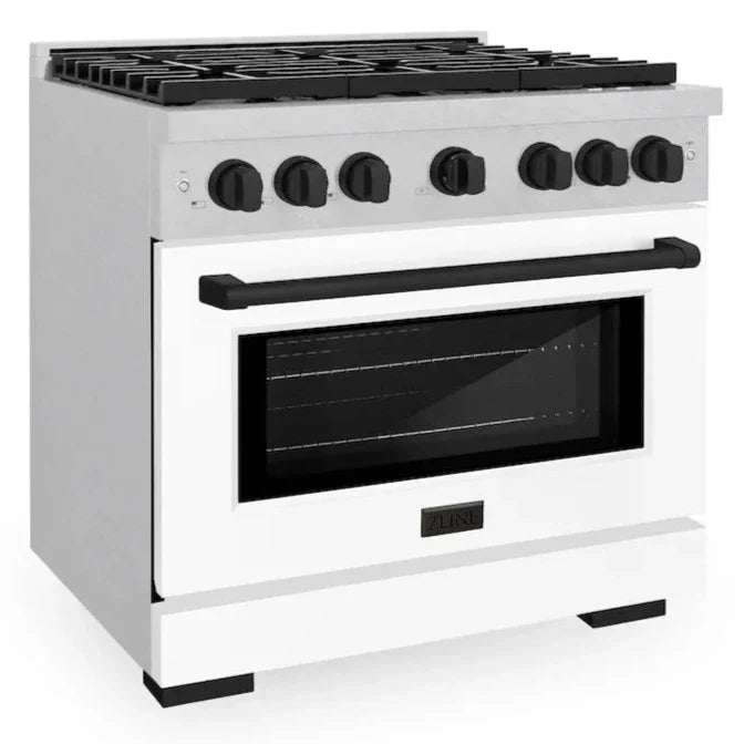 ZLINE Autograph Edition 36 in. 5.2 cu. ft. Paramount Gas Range with 6 Burners and Convection Gas Oven in Satin Stainless Steel with White Matte Door and Matte Black Accents (SGRSZ-WM-36-MB)