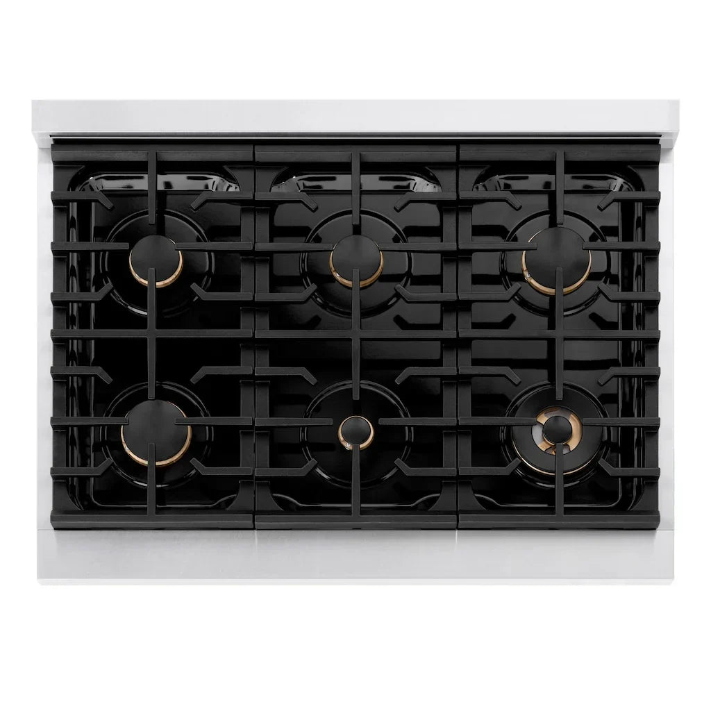 ZLINE Autograph Edition 36 in. 5.2 cu. ft. Paramount Gas Range with 6 Burners and Convection Gas Oven in Satin Stainless Steel with White Matte Door and Matte Black Accents (SGRSZ-WM-36-MB)