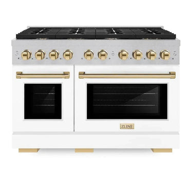 ZLINE Autograph 48 in. 6.7 cu. ft. Paramount Double Oven Gas Range with 8 Burners in Satin Stainless Steel with White Matte Doors and Polished Gold Accents (SGRSZ-WM-48-G)