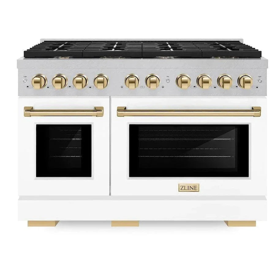 ZLINE Autograph 48 in. 6.7 cu. ft. Paramount Double Oven Gas Range with 8 Burners in Satin Stainless Steel with White Matte Doors and Polished Gold Accents (SGRSZ-WM-48-G)