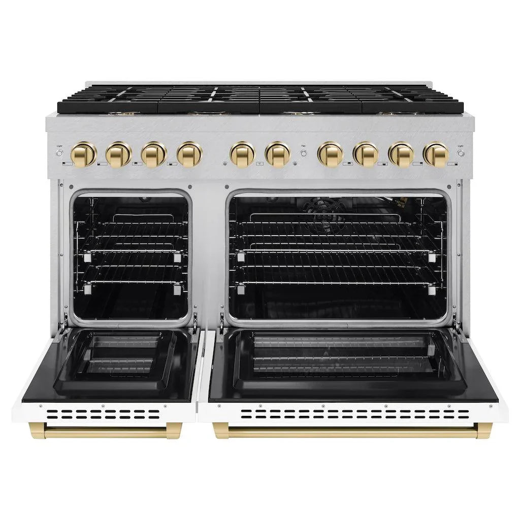 ZLINE Autograph 48 in. 6.7 cu. ft. Paramount Double Oven Gas Range with 8 Burners in Satin Stainless Steel with White Matte Doors and Polished Gold Accents (SGRSZ-WM-48-G)