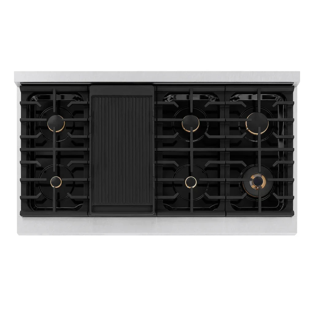 ZLINE Autograph 48 in. 6.7 cu. ft. Paramount Double Oven Gas Range with 8 Burners in Satin Stainless Steel with White Matte Doors and Polished Gold Accents (SGRSZ-WM-48-G)