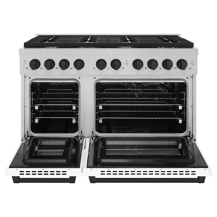 ZLINE Autograph Edition 48 in. Paramount Double Oven Gas Range, 8 Burner Cooktop, 6.7 cu. ft., Satin Stainless Steel with White Matte Doors and Matte Black Accents (SGRSZ-WM-48-MB)