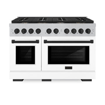 ZLINE Autograph Edition 48 in. Paramount Double Oven Gas Range, 8 Burner Cooktop, 6.7 cu. ft., Satin Stainless Steel with White Matte Doors and Matte Black Accents (SGRSZ-WM-48-MB)