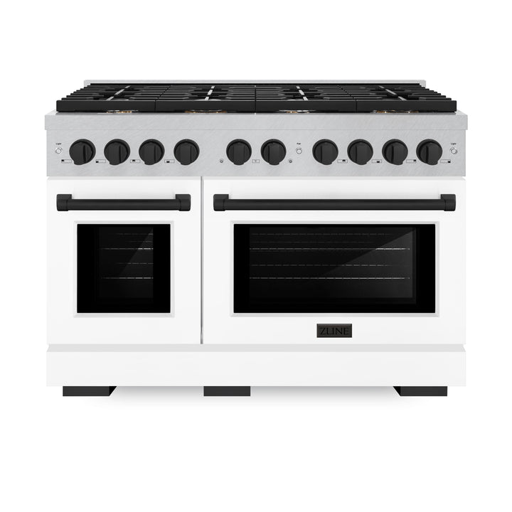 ZLINE Autograph Edition 48 in. Paramount Double Oven Gas Range, 8 Burner Cooktop, 6.7 cu. ft., Satin Stainless Steel with White Matte Doors and Matte Black Accents (SGRSZ-WM-48-MB)