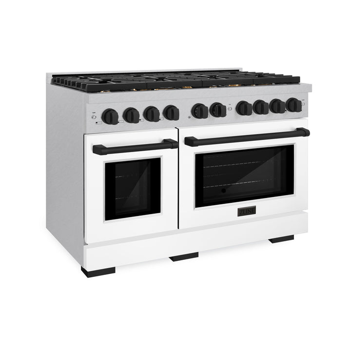 ZLINE Autograph Edition 48 in. Paramount Double Oven Gas Range, 8 Burner Cooktop, 6.7 cu. ft., Satin Stainless Steel with White Matte Doors and Matte Black Accents (SGRSZ-WM-48-MB)
