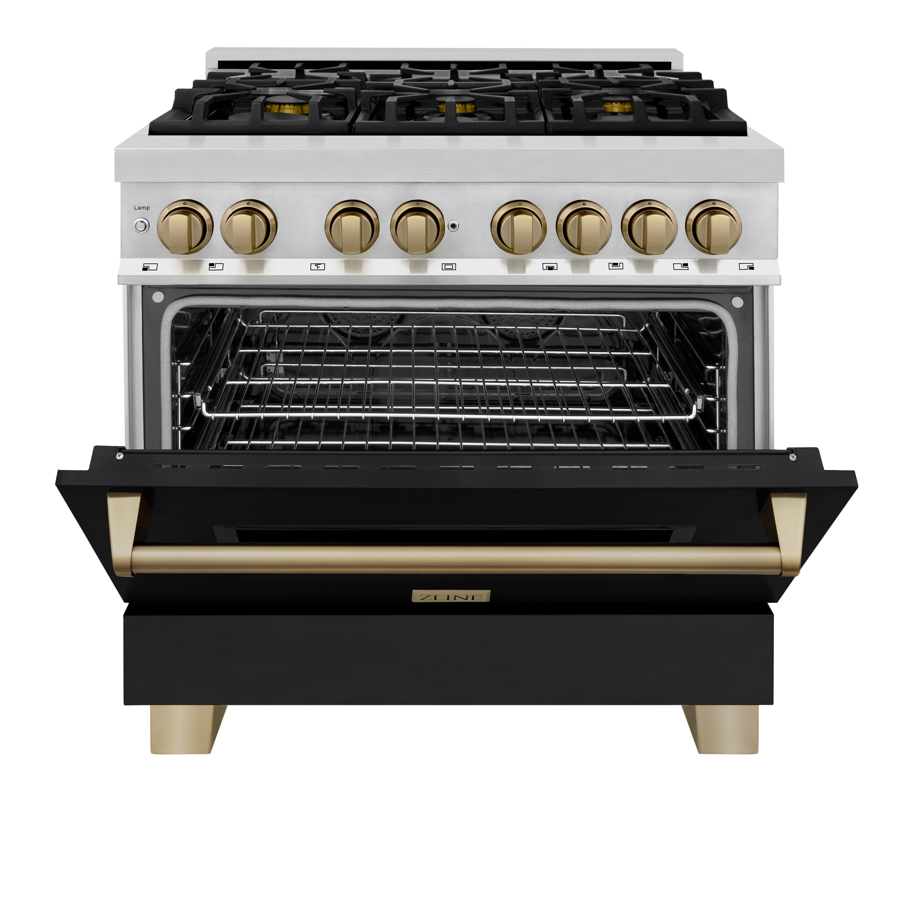 ZLINE Autograph Edition 36 in. 4.6 cu. ft. Dual Fuel Range with Gas Cooktop and Electric Oven, Black Matte Door with Champagne Bronze Accents (RAZ-BLM-36-CB)