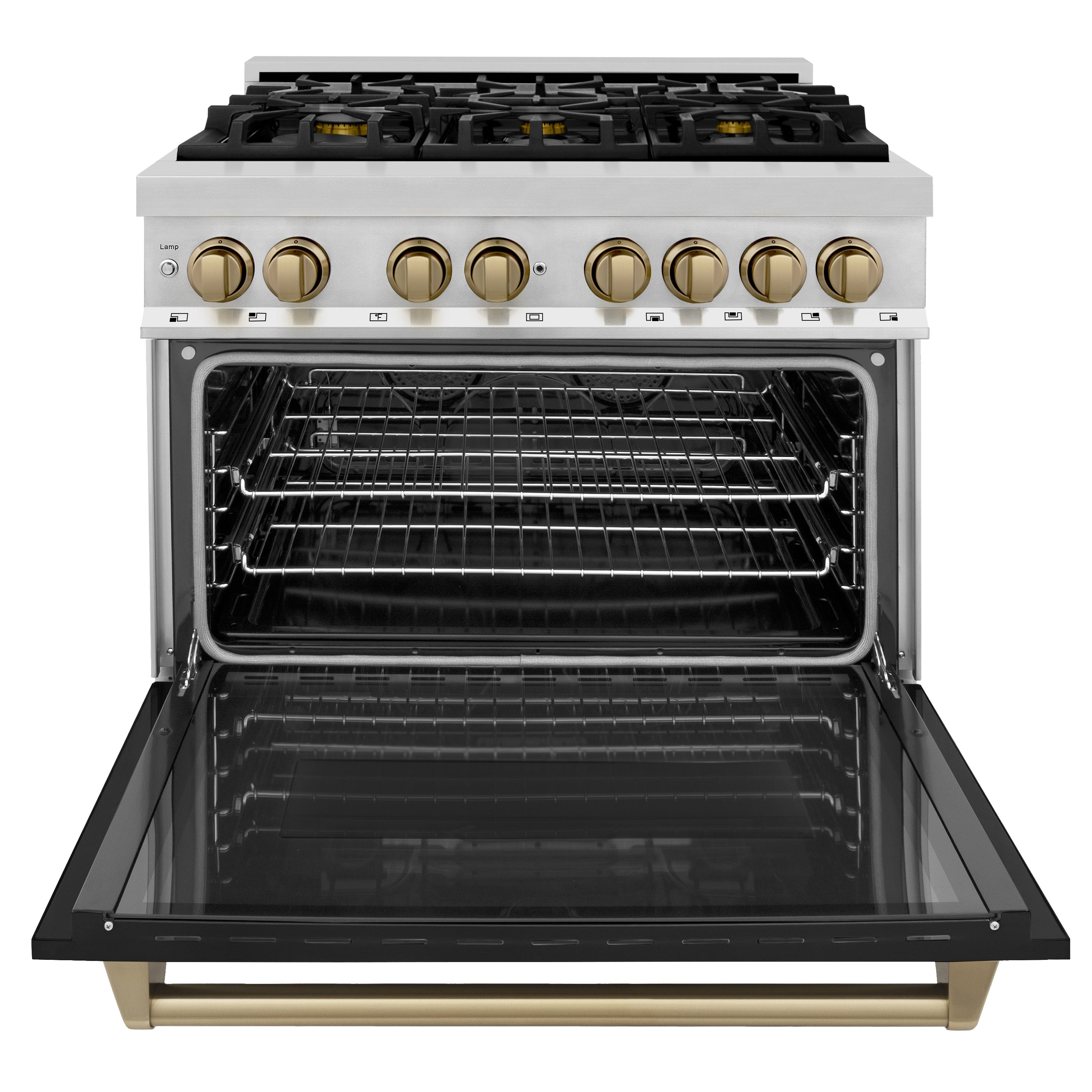 ZLINE Autograph Edition 36 in. 4.6 cu. ft. Dual Fuel Range with Gas Cooktop and Electric Oven, Black Matte Door with Champagne Bronze Accents (RAZ-BLM-36-CB)