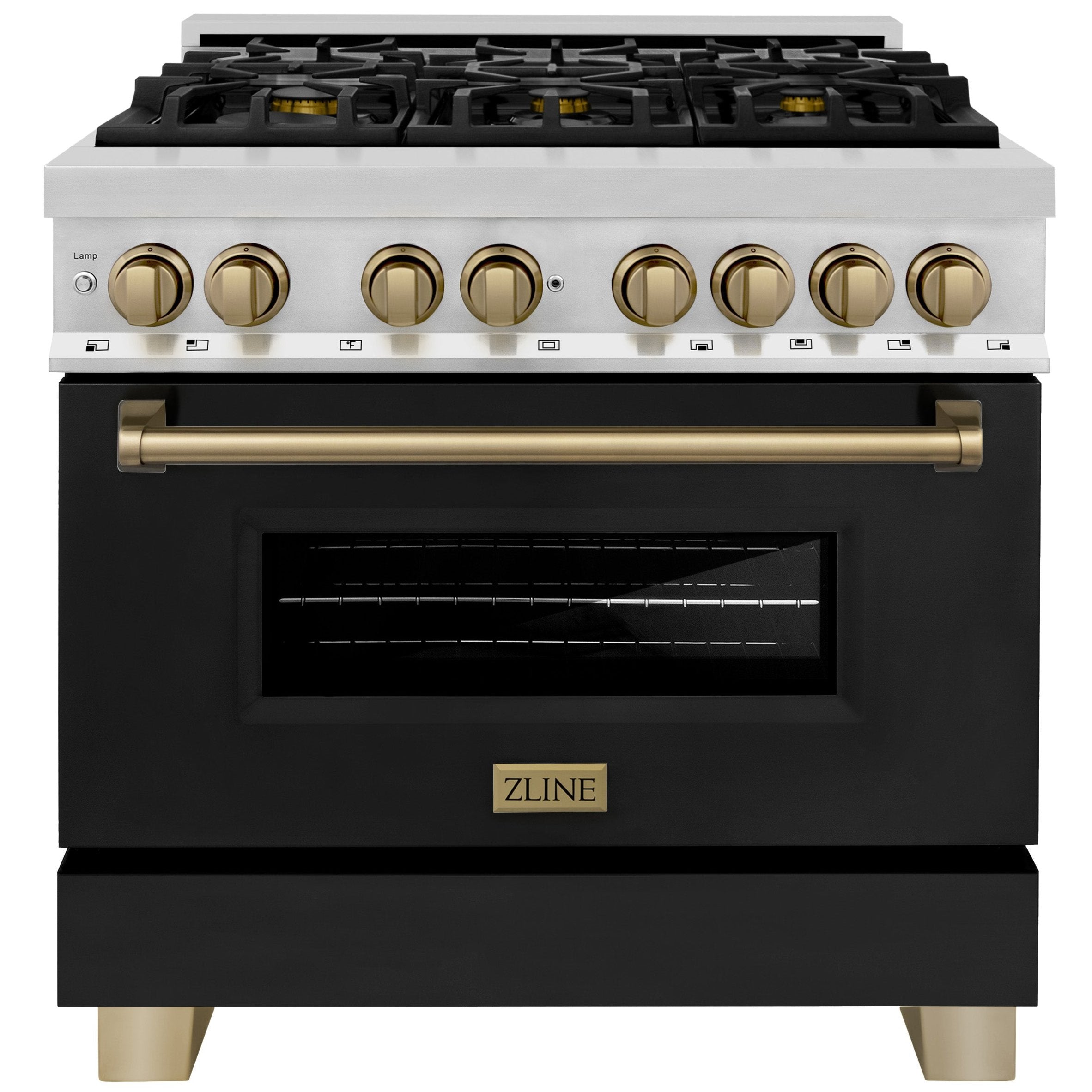 ZLINE Autograph Edition 36 in. 4.6 cu. ft. Dual Fuel Range with Gas Cooktop and Electric Oven, Black Matte Door with Champagne Bronze Accents (RAZ-BLM-36-CB)