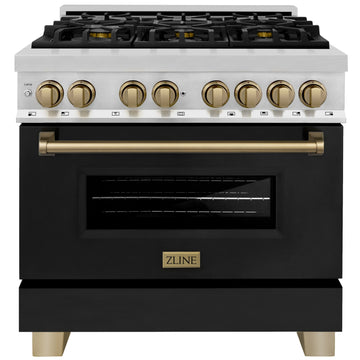 ZLINE Autograph Edition 36 in. 4.6 cu. ft. Dual Fuel Range with Gas Cooktop and Electric Oven, Black Matte Door with Champagne Bronze Accents (RAZ-BLM-36-CB)