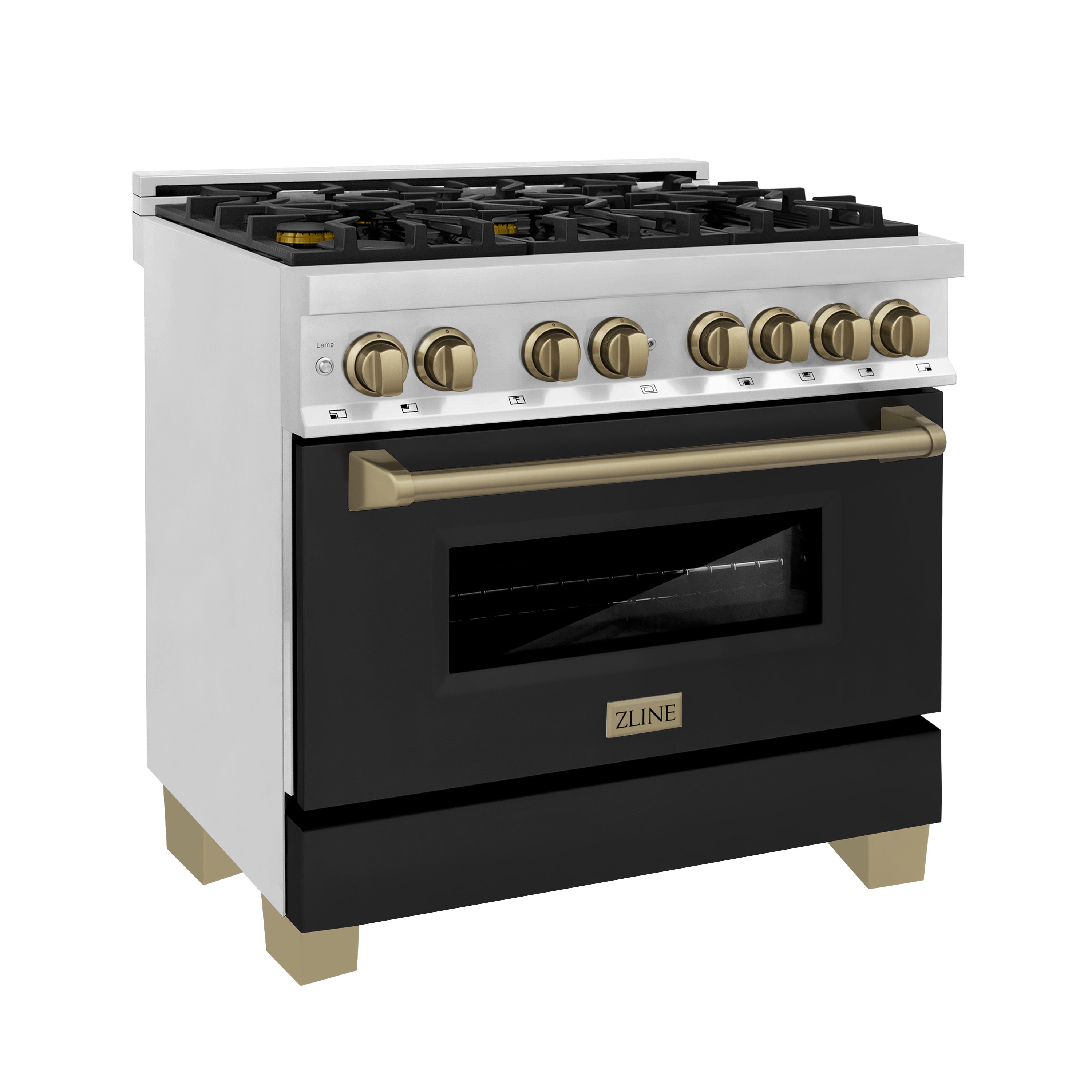 ZLINE Autograph Edition 36 in. 4.6 cu. ft. Dual Fuel Range with Gas Cooktop and Electric Oven, Black Matte Door with Champagne Bronze Accents (RAZ-BLM-36-CB)