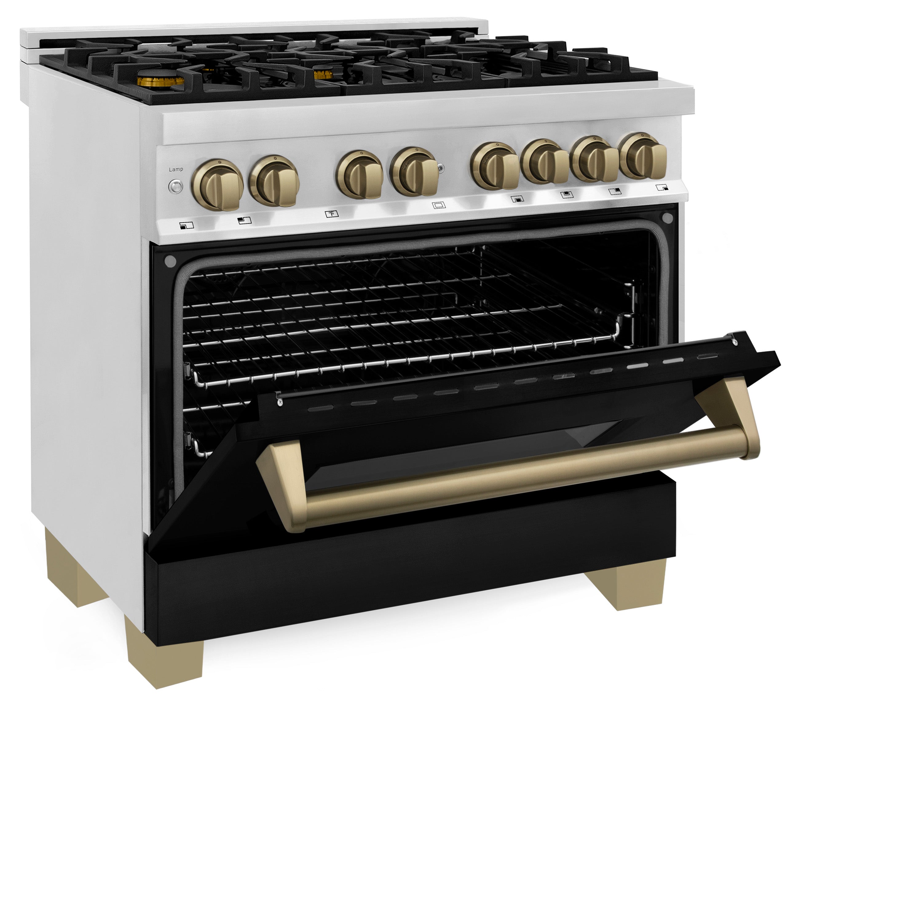 ZLINE Autograph Edition 36 in. 4.6 cu. ft. Dual Fuel Range with Gas Cooktop and Electric Oven, Black Matte Door with Champagne Bronze Accents (RAZ-BLM-36-CB)