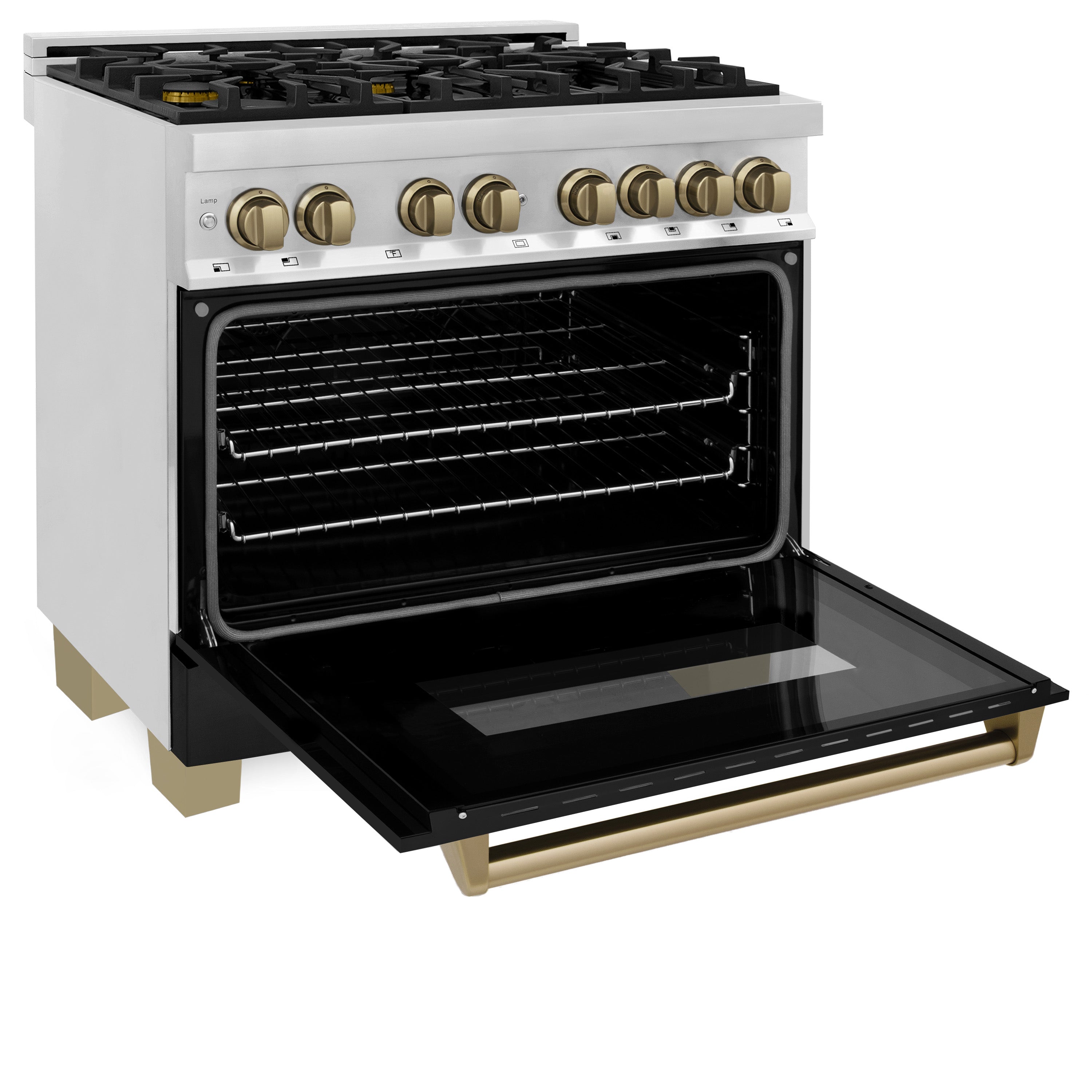 ZLINE Autograph Edition 36 in. 4.6 cu. ft. Dual Fuel Range with Gas Cooktop and Electric Oven, Black Matte Door with Champagne Bronze Accents (RAZ-BLM-36-CB)