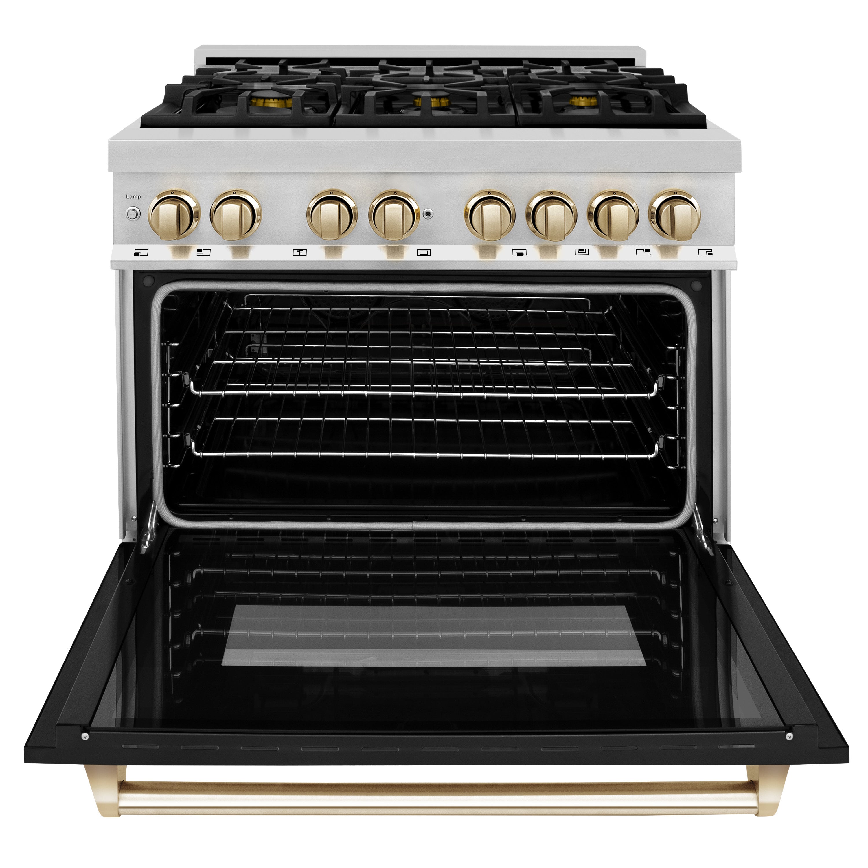 ZLINE Autograph 36 in. Dual Fuel Range 4.6 cu. ft. with Gas Cooktop, Electric Oven, Black Matte Door and Gold Accents (RAZ-BLM-36-G)