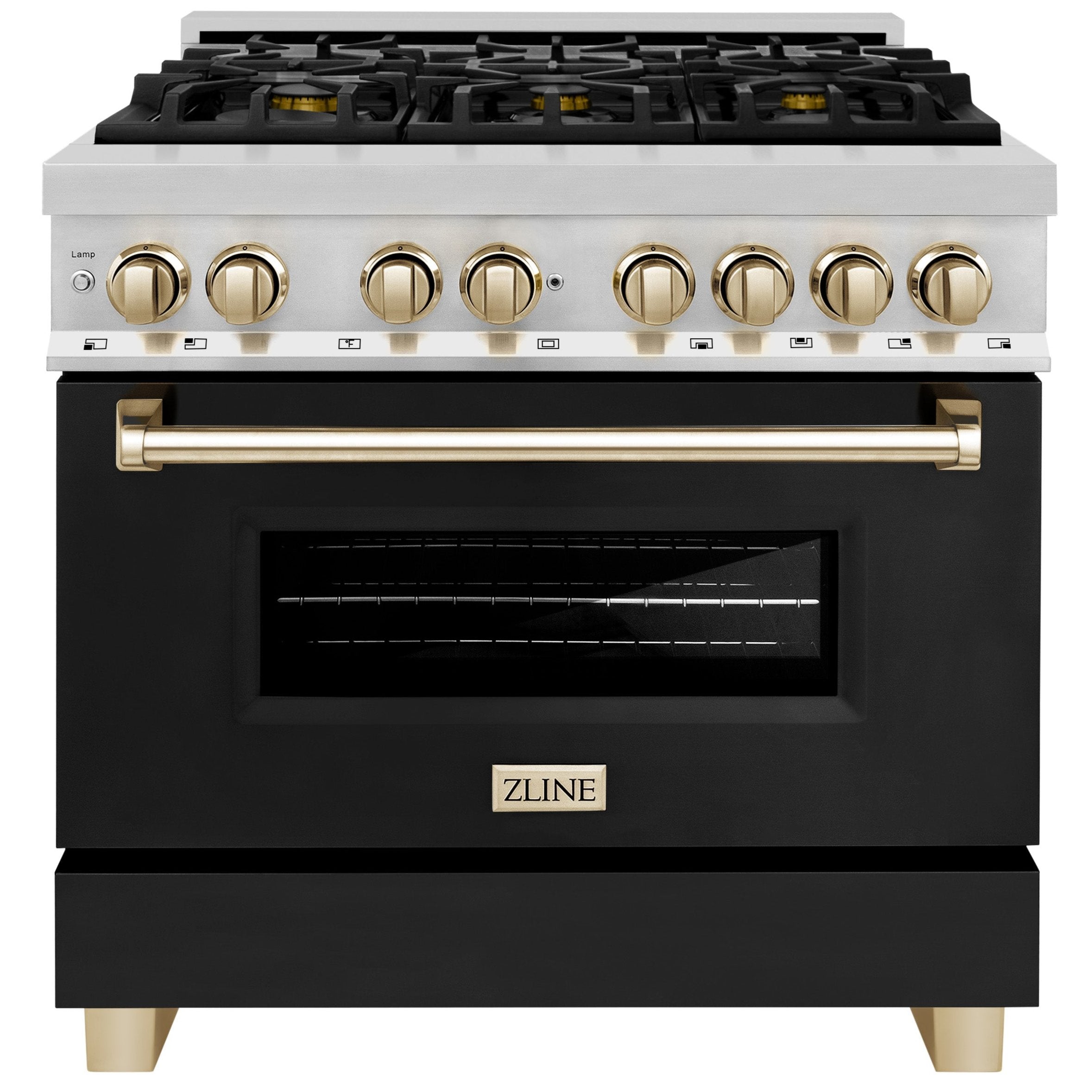ZLINE Autograph 36 in. Dual Fuel Range 4.6 cu. ft. with Gas Cooktop, Electric Oven, Black Matte Door and Gold Accents (RAZ-BLM-36-G)