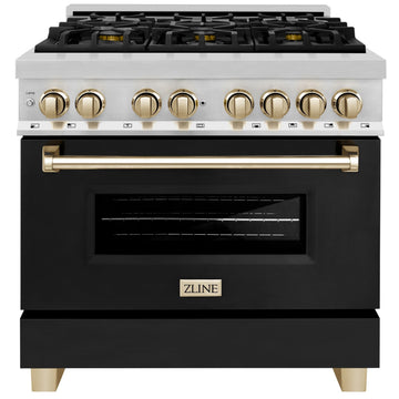 ZLINE Autograph 36 in. Dual Fuel Range 4.6 cu. ft. with Gas Cooktop, Electric Oven, Black Matte Door and Gold Accents (RAZ-BLM-36-G)