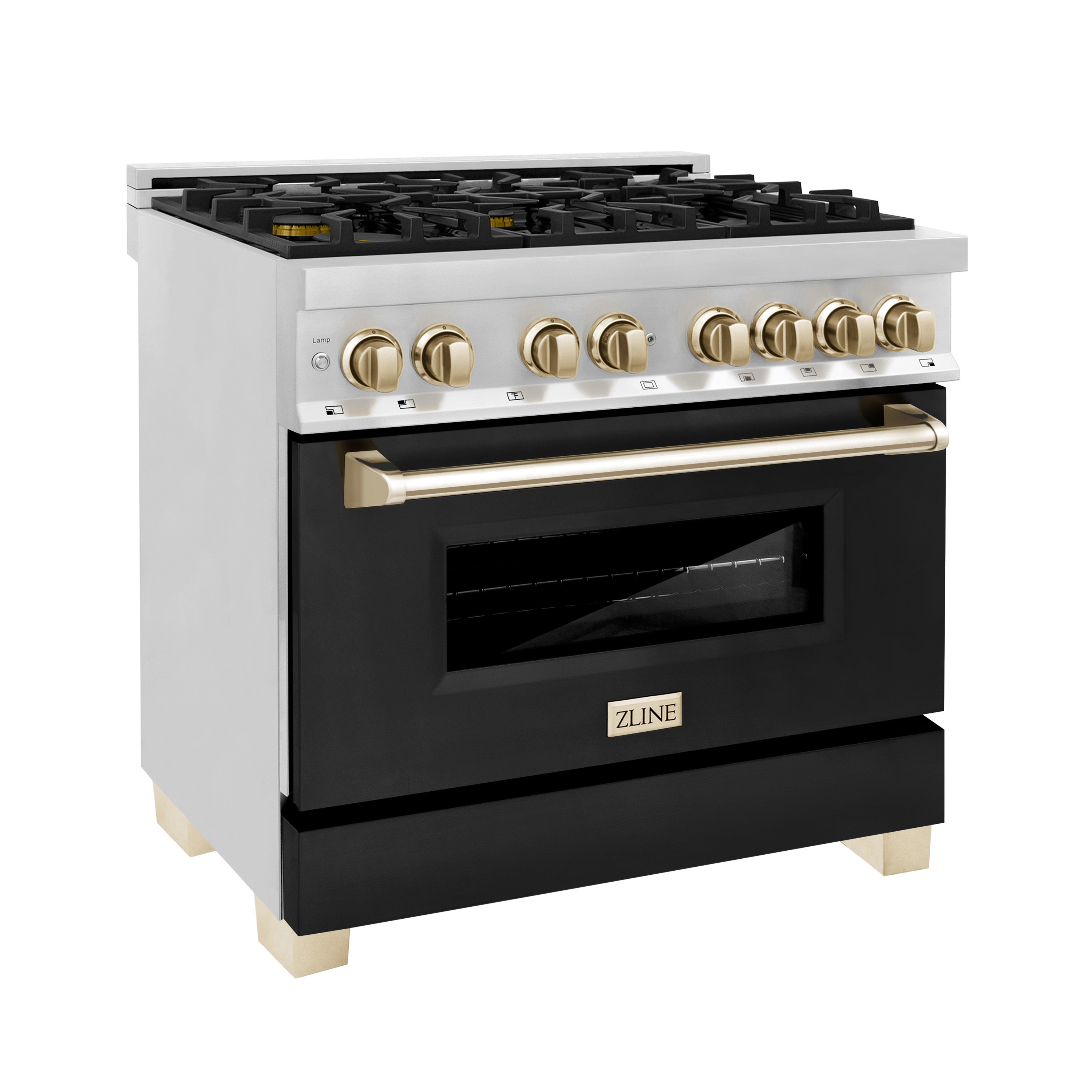 ZLINE Autograph 36 in. Dual Fuel Range 4.6 cu. ft. with Gas Cooktop, Electric Oven, Black Matte Door and Gold Accents (RAZ-BLM-36-G)