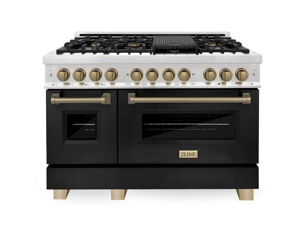ZLINE Autograph Edition 48 in. Dual Fuel Range 6.0 cu. ft. with Black Matte Door and Champagne Bronze Accents (RAZ-BLM-48-CB)