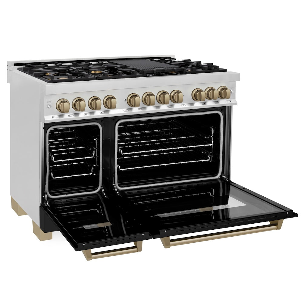 ZLINE Autograph Edition 48 in. Dual Fuel Range 6.0 cu. ft. with Black Matte Door and Champagne Bronze Accents (RAZ-BLM-48-CB)