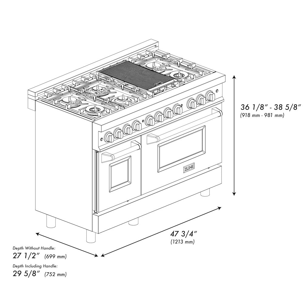 ZLINE Autograph Edition 48 in. Dual Fuel Range with Black Matte Door and Gold Accents, 6.0 cu. ft. (RAZ-BLM-48-G)