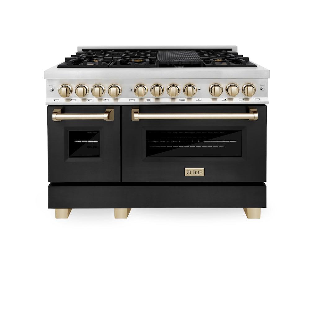 ZLINE Autograph Edition 48 in. Dual Fuel Range with Black Matte Door and Gold Accents, 6.0 cu. ft. (RAZ-BLM-48-G)
