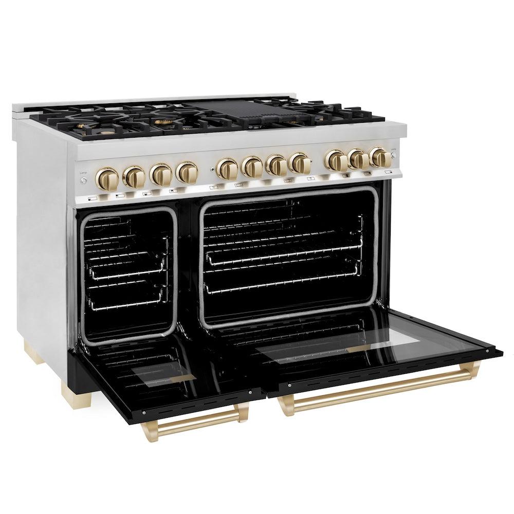 ZLINE Autograph Edition 48 in. Dual Fuel Range with Black Matte Door and Gold Accents, 6.0 cu. ft. (RAZ-BLM-48-G)