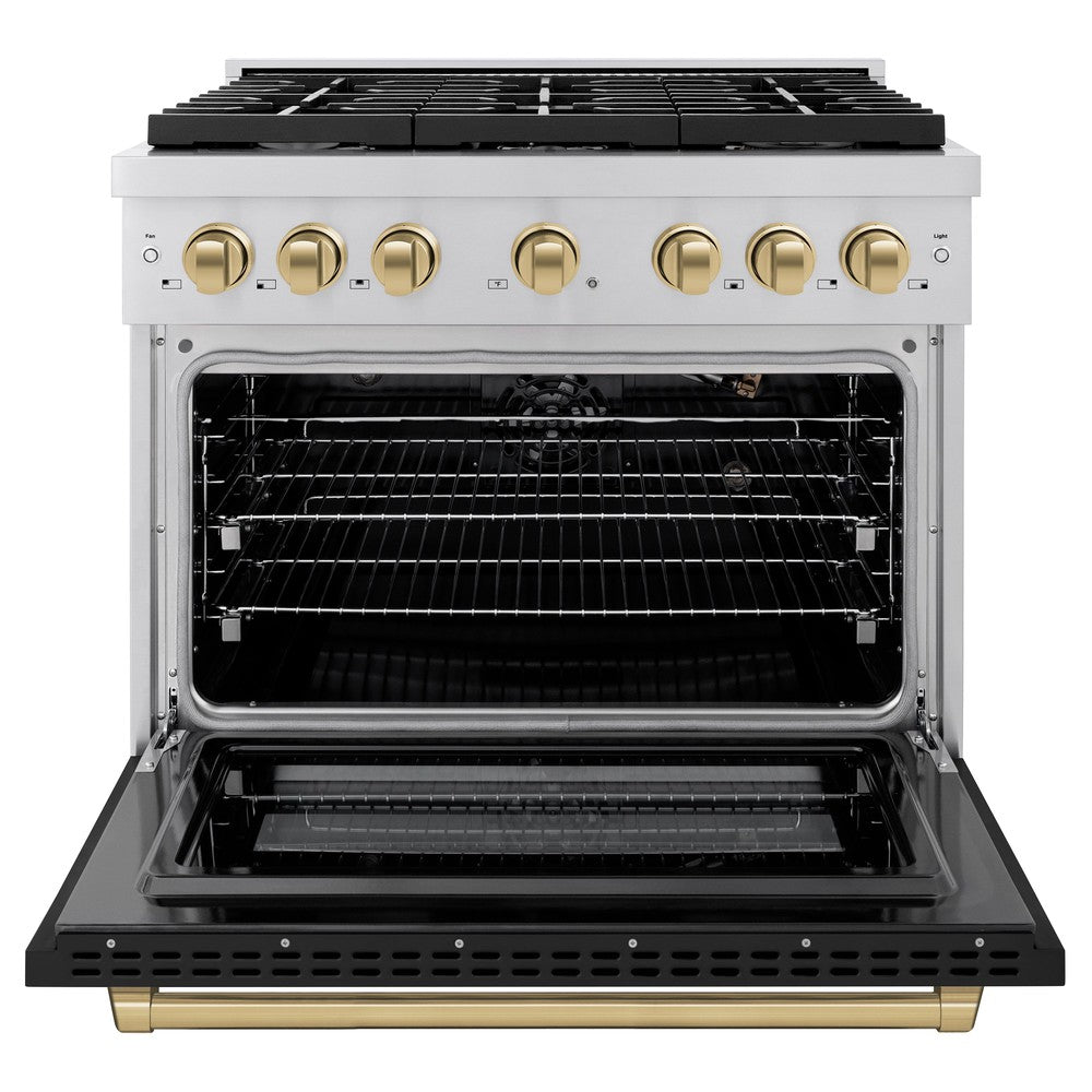 ZLINE Autograph Edition 36 in. Paramount Dual Fuel Range 5.2 cu. ft. with 6 Gas Burners, Electric Convection Oven, Stainless Steel with Black Matte Door and Champagne Bronze Accents (SDRZ-BLM-36-CB)