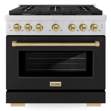 ZLINE Autograph Edition 36 in. Paramount Dual Fuel Range 5.2 cu. ft. with 6 Gas Burners, Electric Convection Oven, Stainless Steel with Black Matte Door and Champagne Bronze Accents (SDRZ-BLM-36-CB)