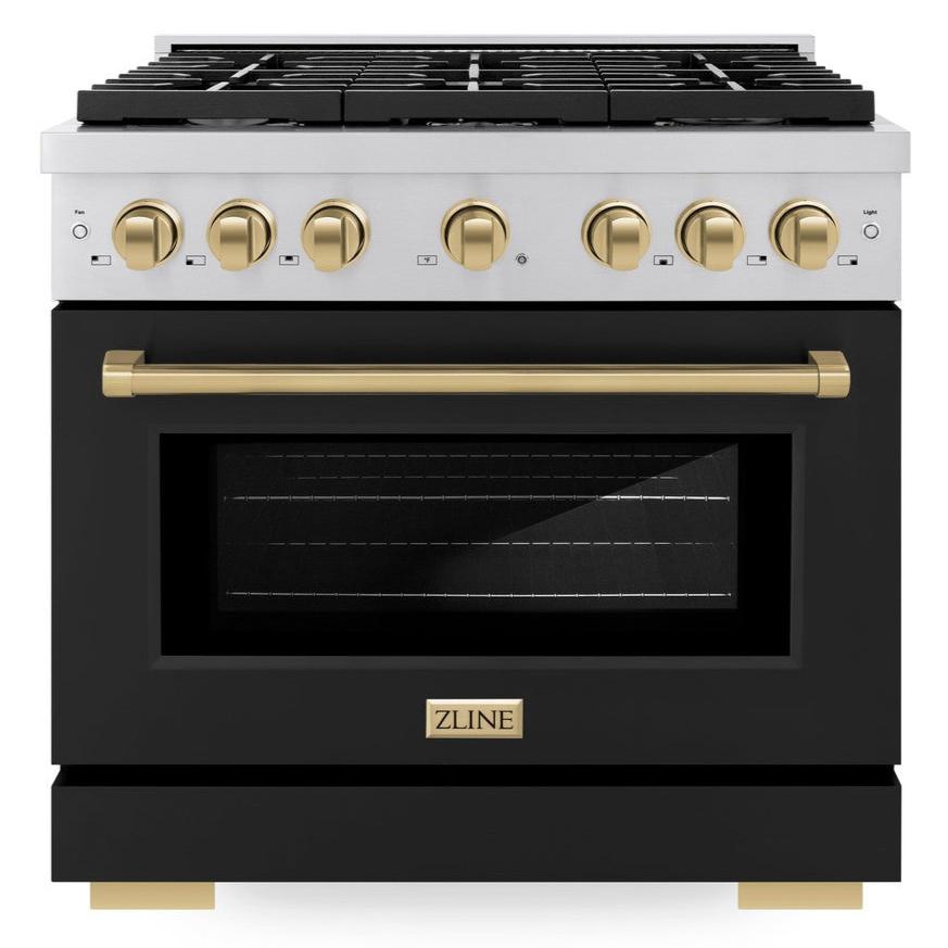 ZLINE Autograph Edition 36 in. Paramount Dual Fuel Range 5.2 cu. ft. with 6 Gas Burners, Electric Convection Oven, Stainless Steel with Black Matte Door and Champagne Bronze Accents (SDRZ-BLM-36-CB)