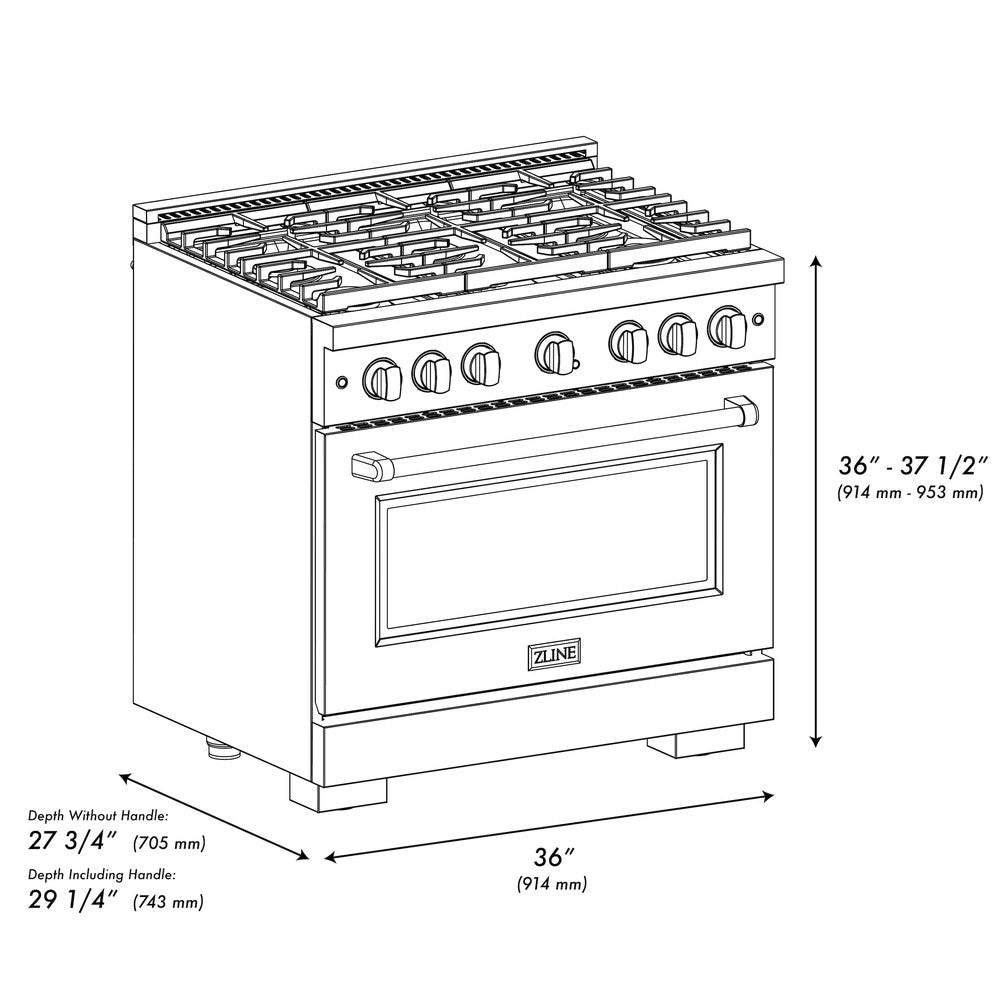 ZLINE Autograph Edition 36 in. Paramount Dual Fuel Range 5.2 cu. ft. with 6 Gas Burners, Electric Convection Oven, Stainless Steel with Black Matte Door & Polished Gold Accents (SDRZ-BLM-36-G)