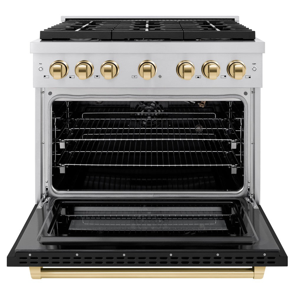 ZLINE Autograph Edition 36 in. Paramount Dual Fuel Range 5.2 cu. ft. with 6 Gas Burners, Electric Convection Oven, Stainless Steel with Black Matte Door & Polished Gold Accents (SDRZ-BLM-36-G)