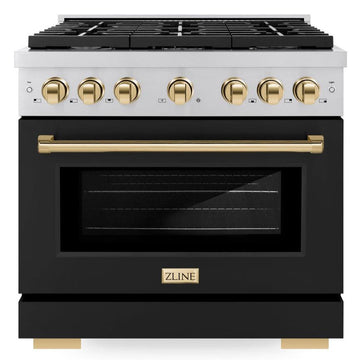 ZLINE Autograph Edition 36 in. Paramount Dual Fuel Range 5.2 cu. ft. with 6 Gas Burners, Electric Convection Oven, Stainless Steel with Black Matte Door & Polished Gold Accents (SDRZ-BLM-36-G)