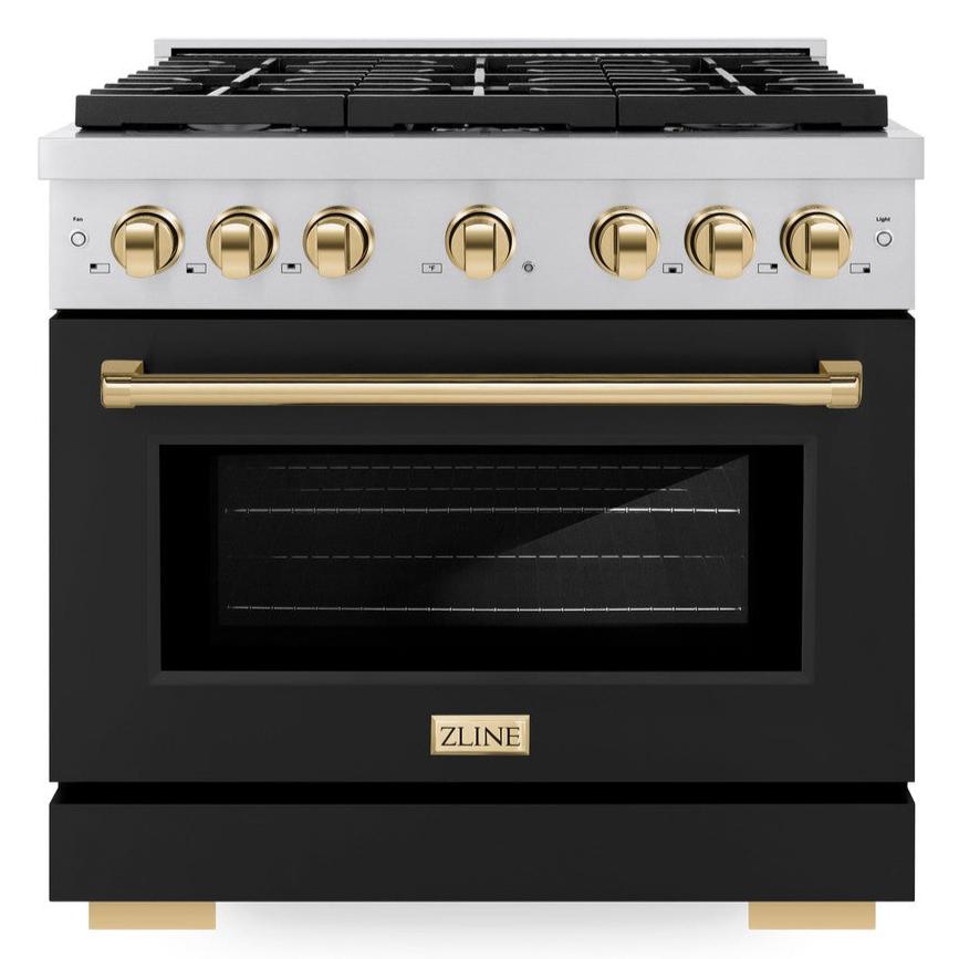 ZLINE Autograph Edition 36 in. Paramount Dual Fuel Range 5.2 cu. ft. with 6 Gas Burners, Electric Convection Oven, Stainless Steel with Black Matte Door & Polished Gold Accents (SDRZ-BLM-36-G)