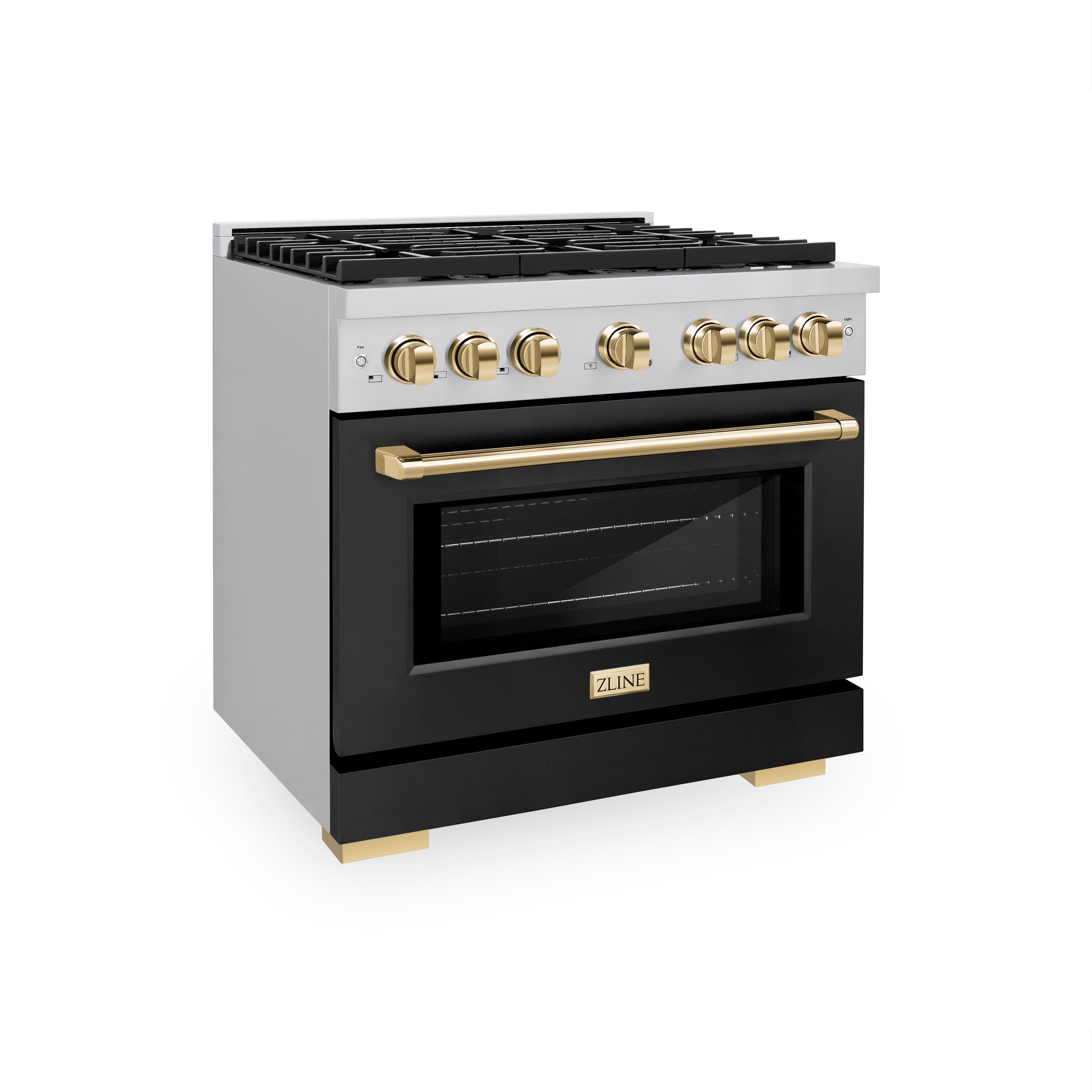 ZLINE Autograph Edition 36 in. Paramount Dual Fuel Range 5.2 cu. ft. with 6 Gas Burners, Electric Convection Oven, Stainless Steel with Black Matte Door & Polished Gold Accents (SDRZ-BLM-36-G)
