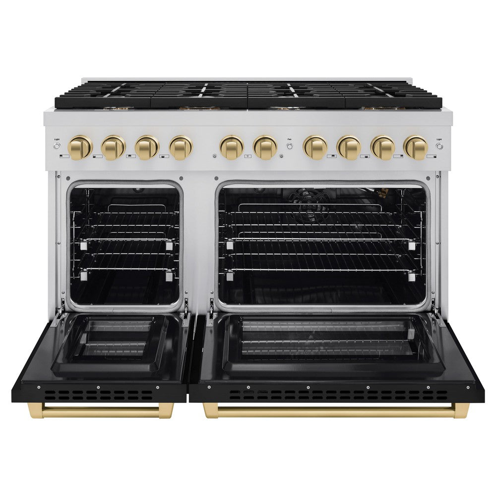 ZLINE Autograph Edition 48 in. Paramount Double Oven Dual Fuel Range with 8 Gas Burners, 6.7 cu. ft., Black Matte Doors & Champagne Bronze Accents (SDRZ-BLM-48-CB)