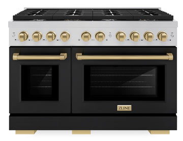 ZLINE Autograph Edition 48 in. Paramount Double Oven Dual Fuel Range with 8 Gas Burners, 6.7 cu. ft., Black Matte Doors & Champagne Bronze Accents (SDRZ-BLM-48-CB)